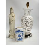 Chinese ceramics comprising blue and white brush washer, a blanc de chine pierced table lamp and