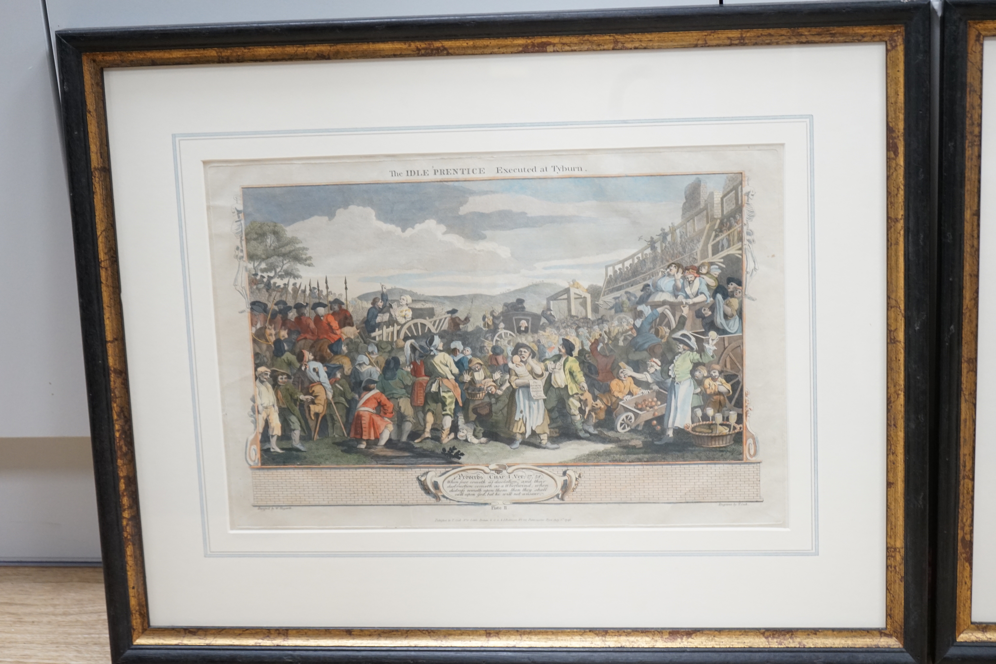 After William Hogarth (1697-1764) pair of colour engravings, ‘The Idle Prentice, Executed at Tyburn’ - Image 2 of 3