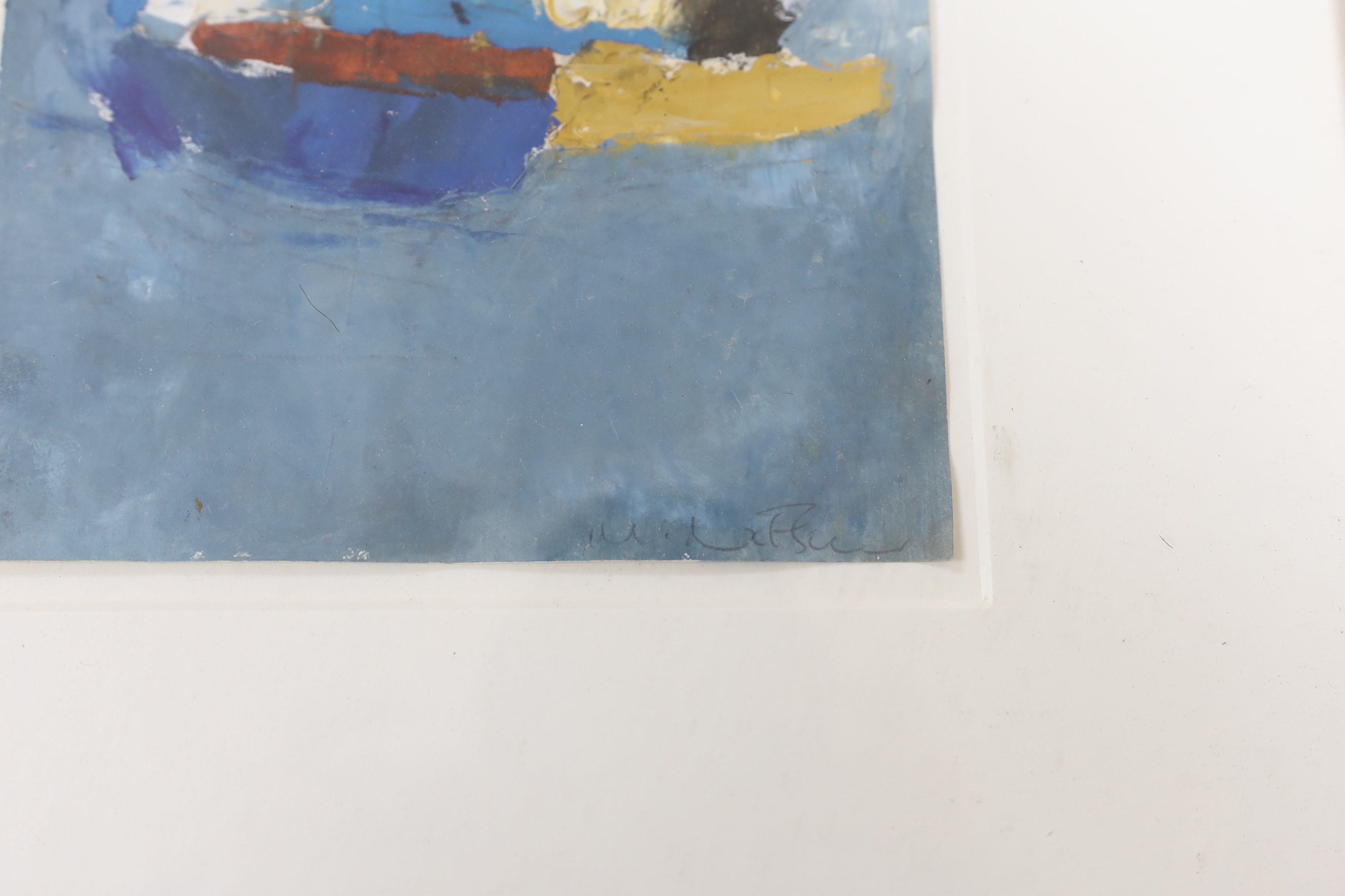 Morris Nitsun (b.1943) oil on paper, abstract composition with boats, signed, details verso, 21 x - Image 3 of 3