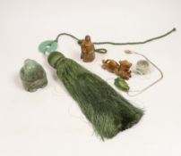 Six Chinese items including a carved jade fish pendant, a jade ring, a bowenite jade figure, an