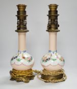 A pair of French brass mounted porcelain table lamps, 42cm