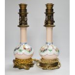 A pair of French brass mounted porcelain table lamps, 42cm