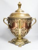 A Victorian copper and brass lidded tureen and assorted metalware, largest 57cm high