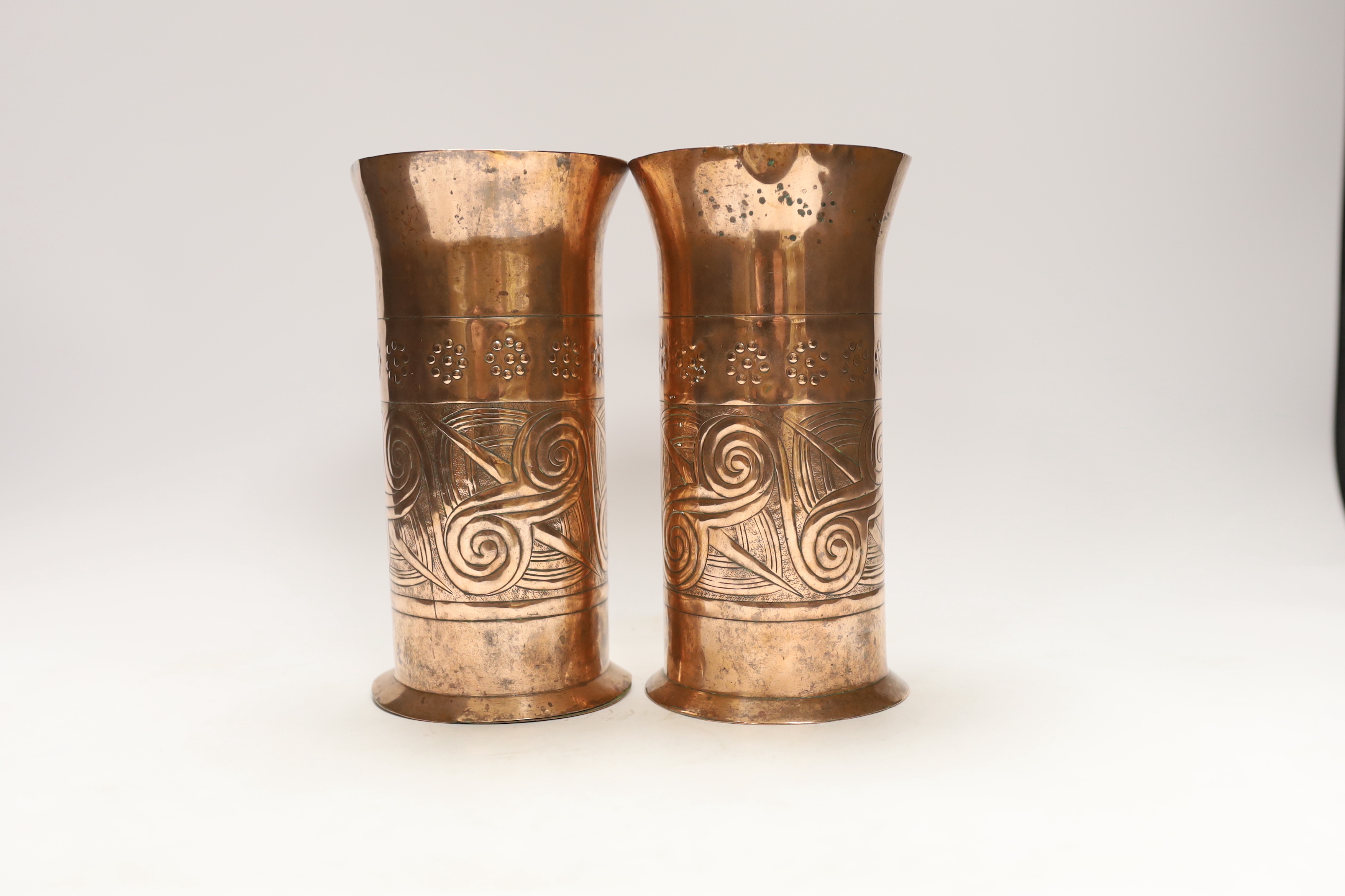 A pair of Keswick School of industrial art embossed copper cylinder vases, stamped KSIA to the - Image 2 of 3