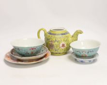 Six Chinese ceramic items; a teapot, two bowls and three small dishes, teapot 10cm