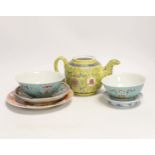 Six Chinese ceramic items; a teapot, two bowls and three small dishes, teapot 10cm