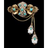 A Victorian engraved gold, white coral and turquoise cluster set tassel drop brooch, width 45mm,