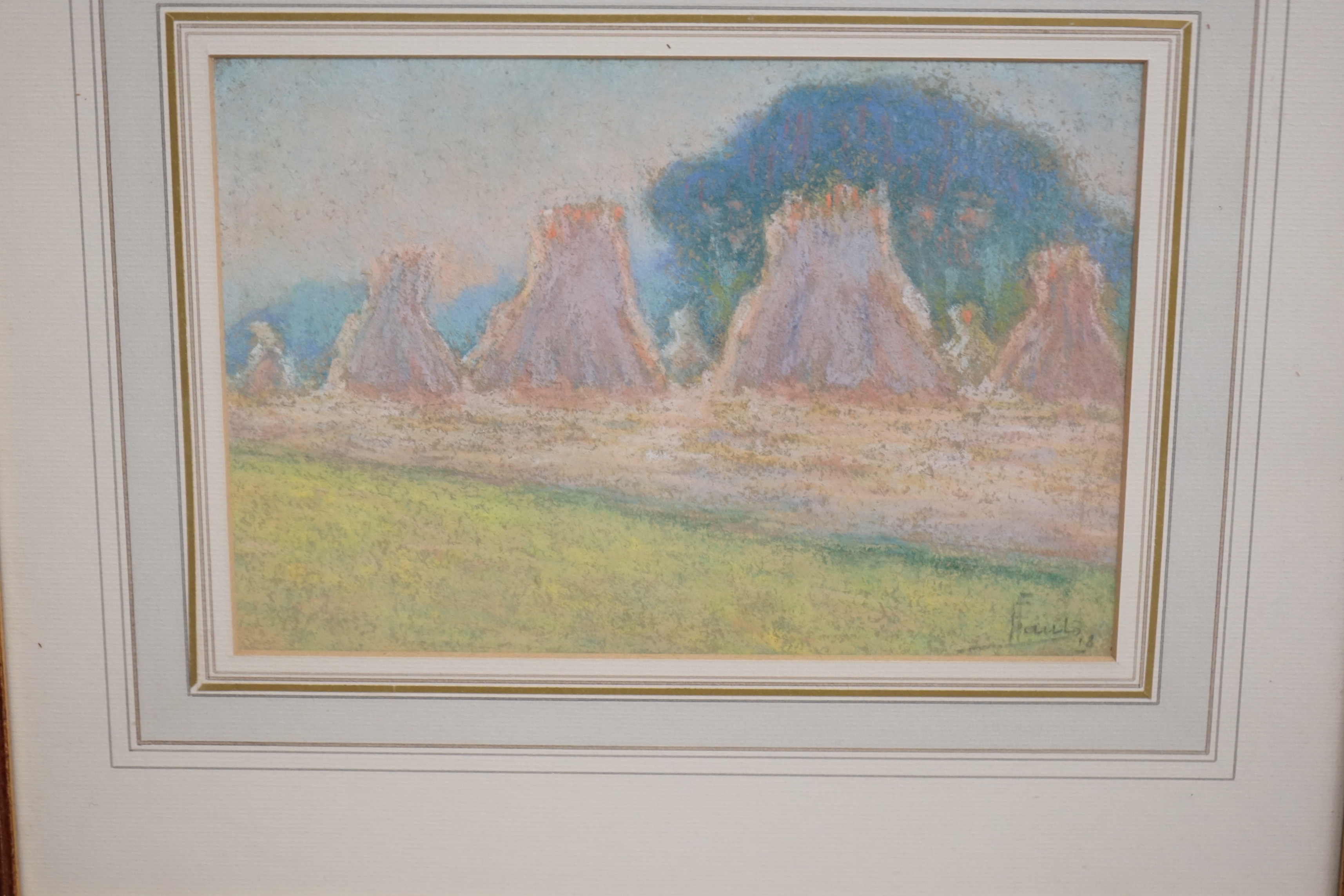 Ernest Faut (1879-1961) Impressionist pastel, Rural landscape with hayricks, signed, inscribed in - Image 2 of 4