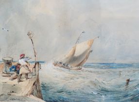 Henry Perlee Parker (1795-1873), watercolour, Coastal scene with fishing boat, signed and dated