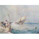 Henry Perlee Parker (1795-1873), watercolour, Coastal scene with fishing boat, signed and dated