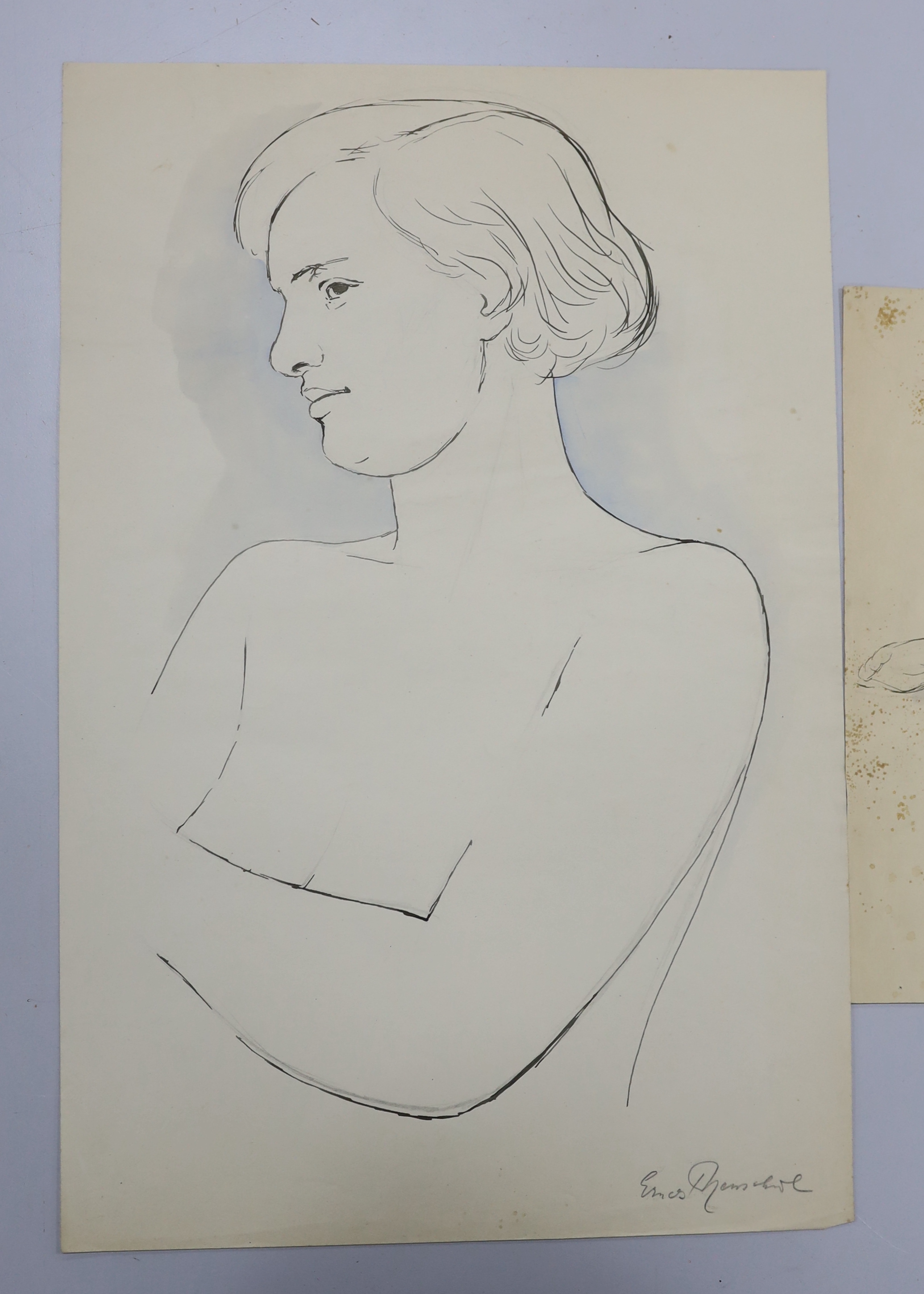 Two mid 20th century ink and washes on paper, figural sketches, nude study and portrait of a lady, - Image 2 of 3