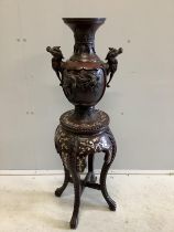 A Chinese circular marble topped vase stand, height 56cm together with a Japanese bronze two handled