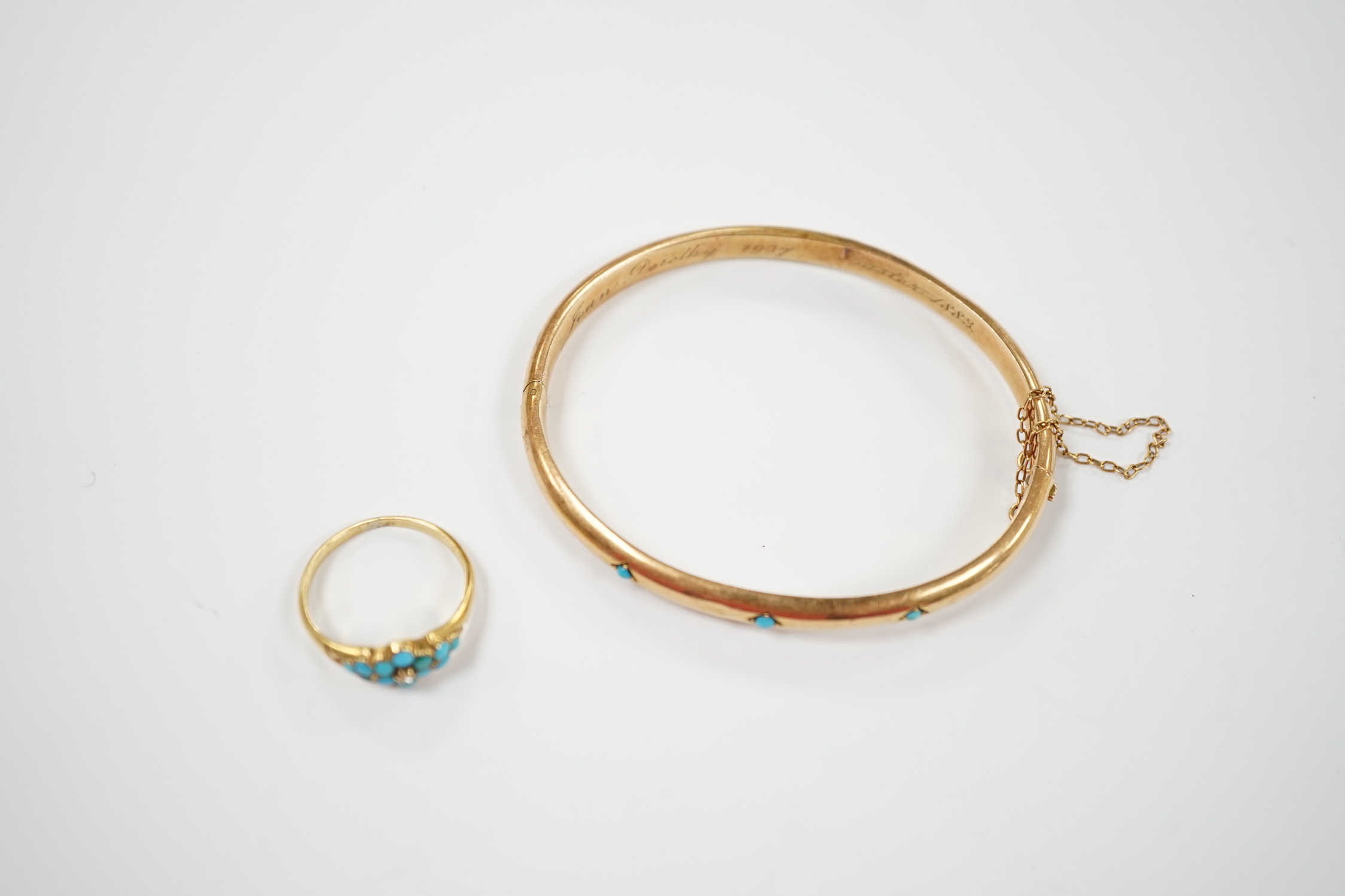 A Victorian yellow metal and three stone cabochon turquoise set hinged bangle, together with a - Image 5 of 5