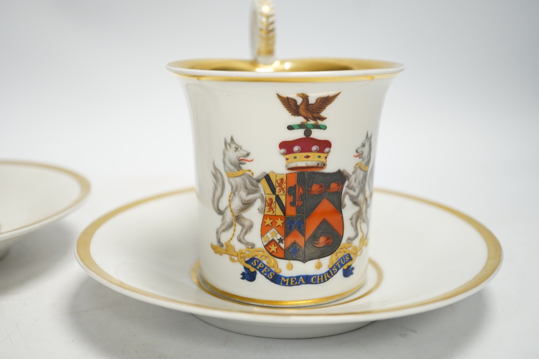 A pair of German porcelain armorial cups and saucers, one saucer reads ‘Lord Bingham s/m Y. - Image 2 of 9