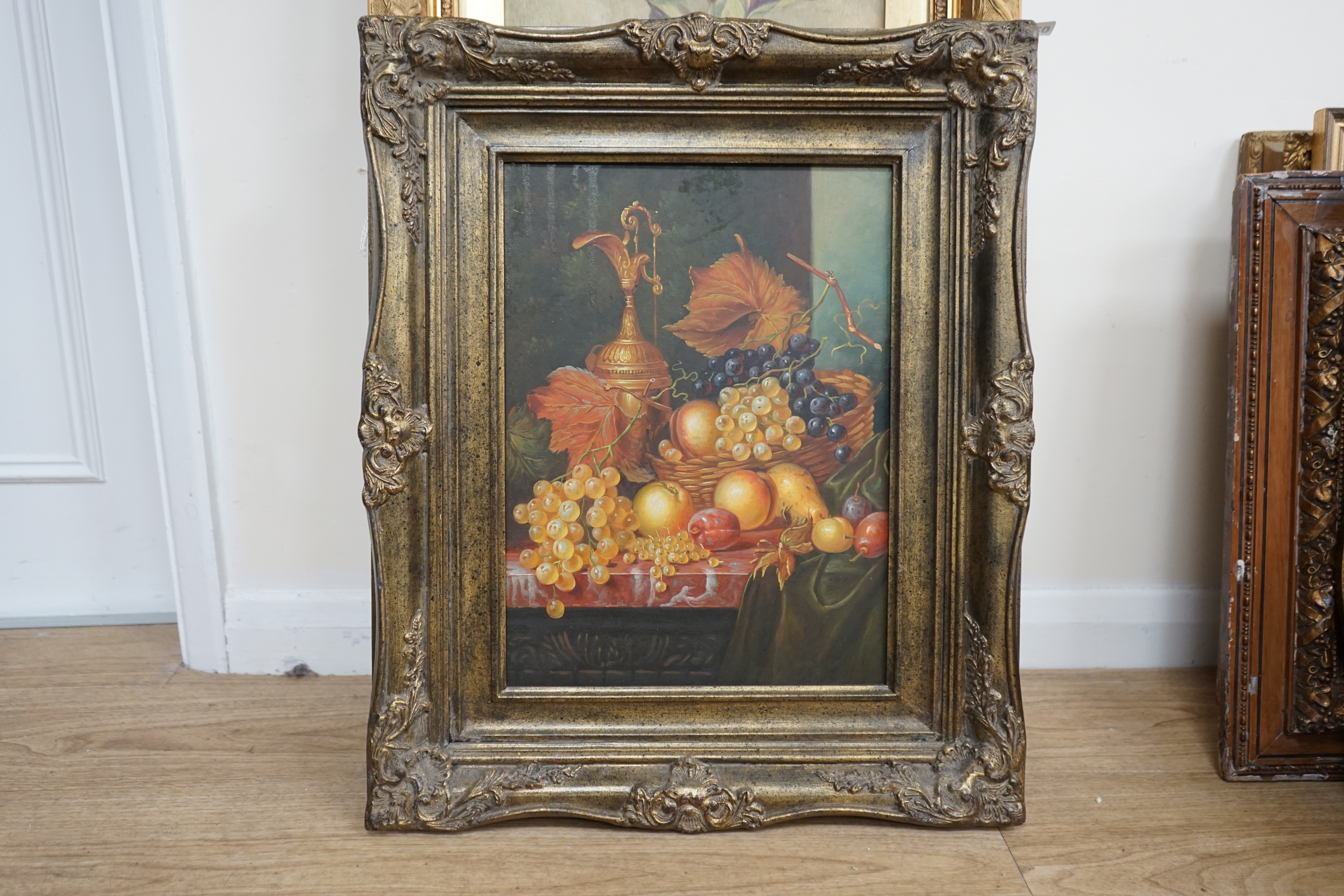 A reproduction oil on board in the 17th century Dutch style, Still life of fruit and vessels, - Image 2 of 3