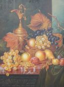 A reproduction oil on board in the 17th century Dutch style, Still life of fruit and vessels,