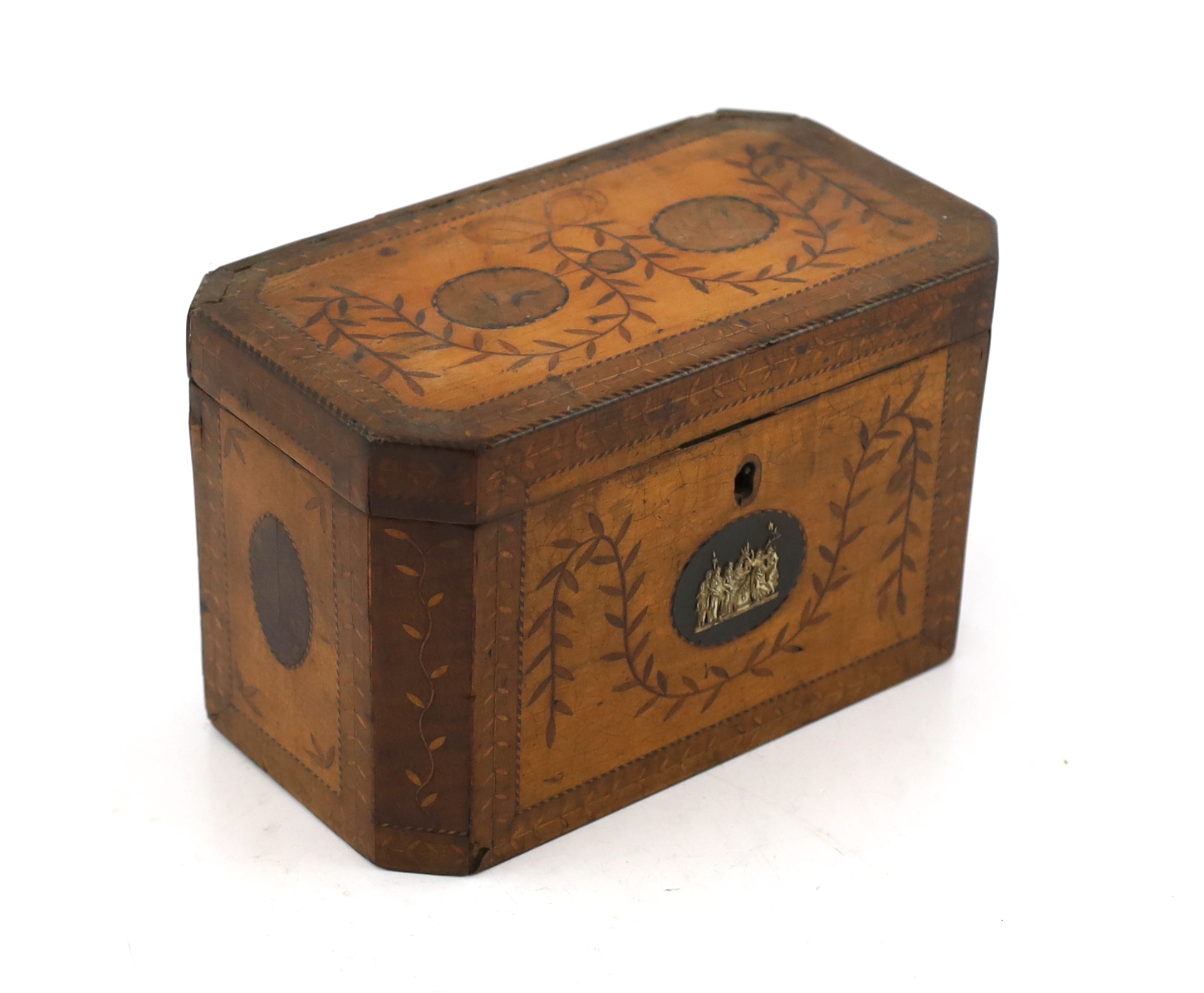 A George III Sheraton period marquetry inlaid sycamore tea caddy of octagonal form with foliate swag - Image 2 of 5