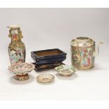 Five Chinese ceramic Meiji items; a teapot, 13.5cm, three small dishes and a planter