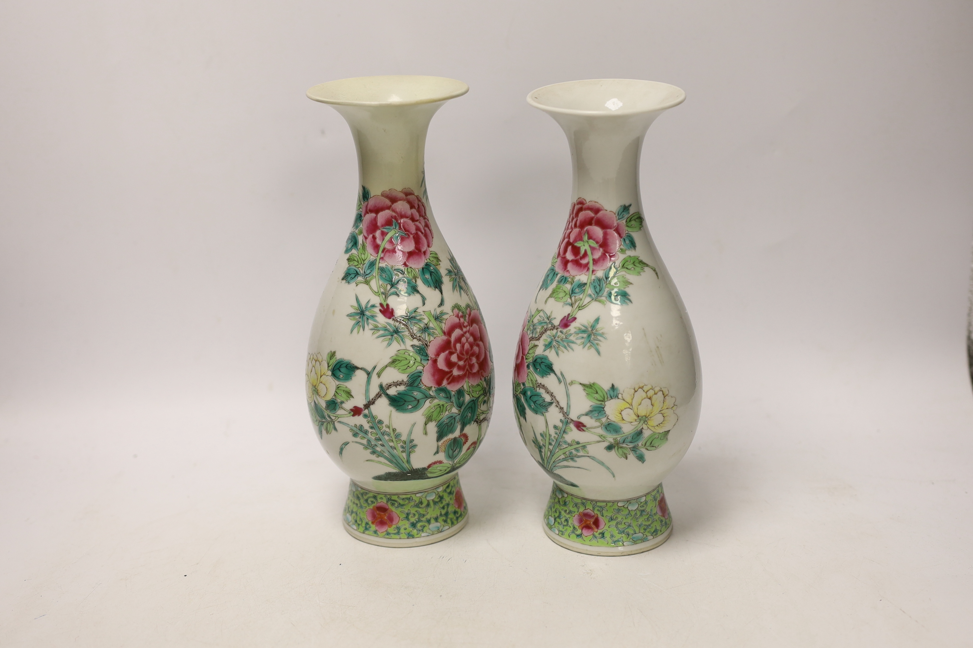 A pair of Chinese famille rose pear shaped vases, Guangxu period, 25cm high - Image 2 of 4