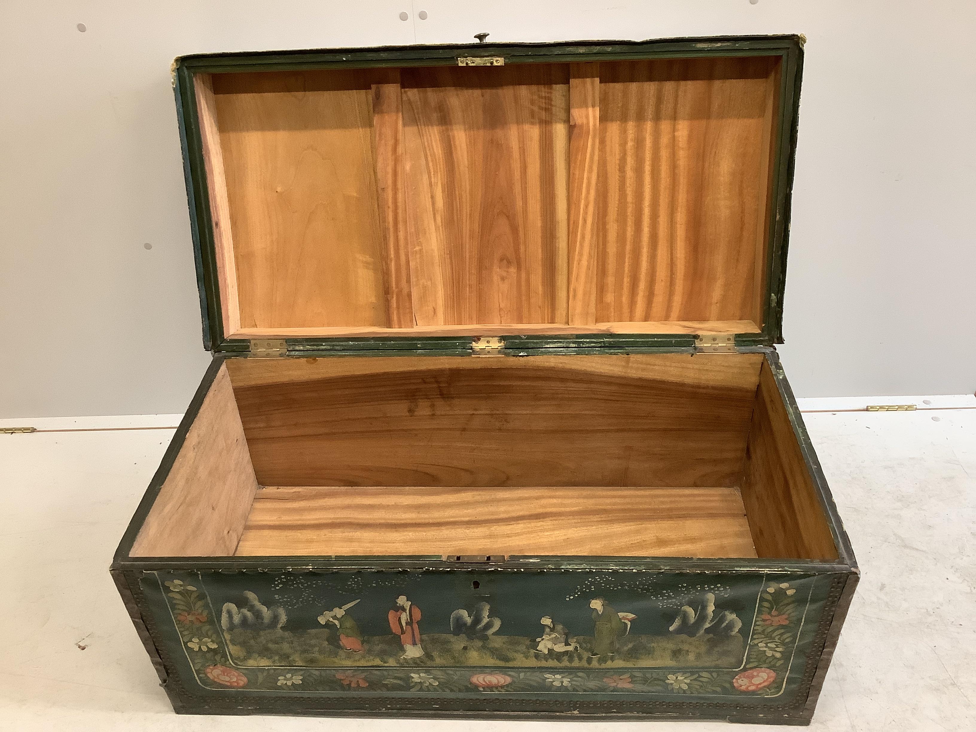 A Japanese rectangular brass and leather mounted camphorwood trunk painted with figures in - Image 2 of 2