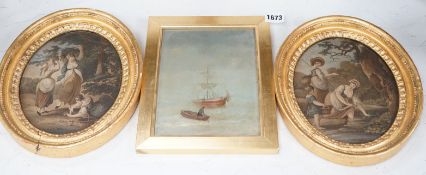 20th century School, oil on board, Fishing boat before a ship, together with a pair of 19th