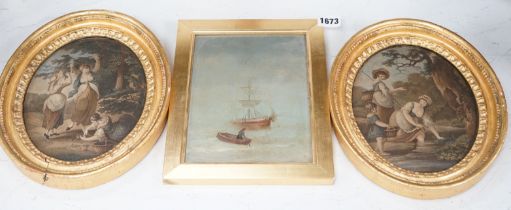 20th century School, oil on board, Fishing boat before a ship, together with a pair of 19th