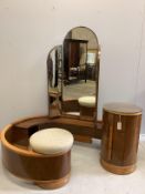 An Art Deco curved walnut dressing table, width 160cm, depth 106cm, height 156cm together with a