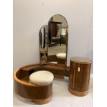 An Art Deco curved walnut dressing table, width 160cm, depth 106cm, height 156cm together with a