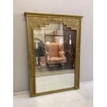 A French Art Deco giltwood and composition overmantel mirror, width 94cm, height 130cm