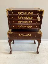 A Continental gilt metal mounted mahogany and beech canteen chest on stand, width 66cm, depth