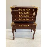 A Continental gilt metal mounted mahogany and beech canteen chest on stand, width 66cm, depth