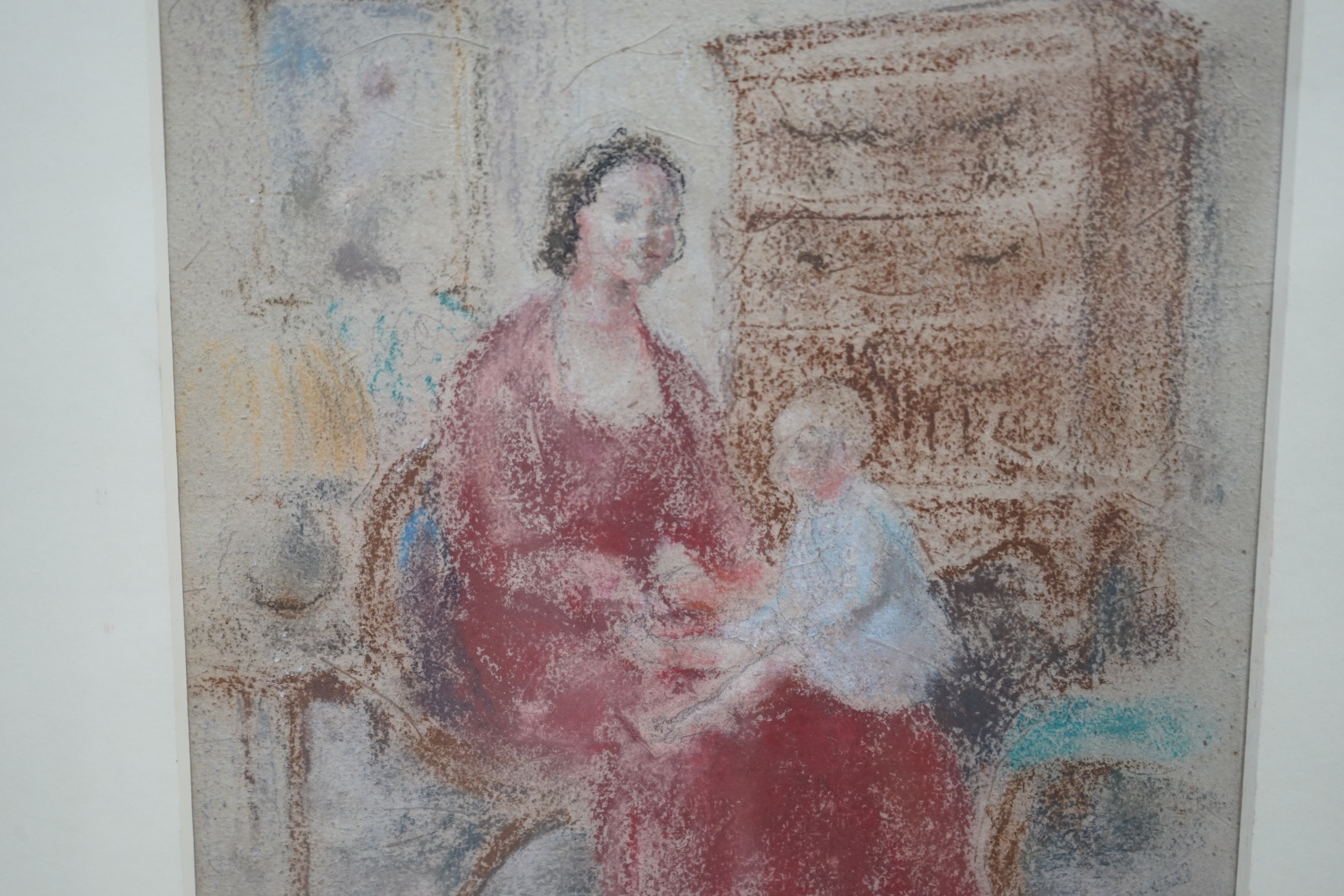 Myles Tonks RI, RBA, (1890-1960) crayon and pastel, Mother and child in an interior, details - Image 3 of 3