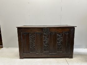 A 16th century French oak coffer, width 162cm, depth 66cm, height 96cm, top loose