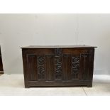 A 16th century French oak coffer, width 162cm, depth 66cm, height 96cm, top loose