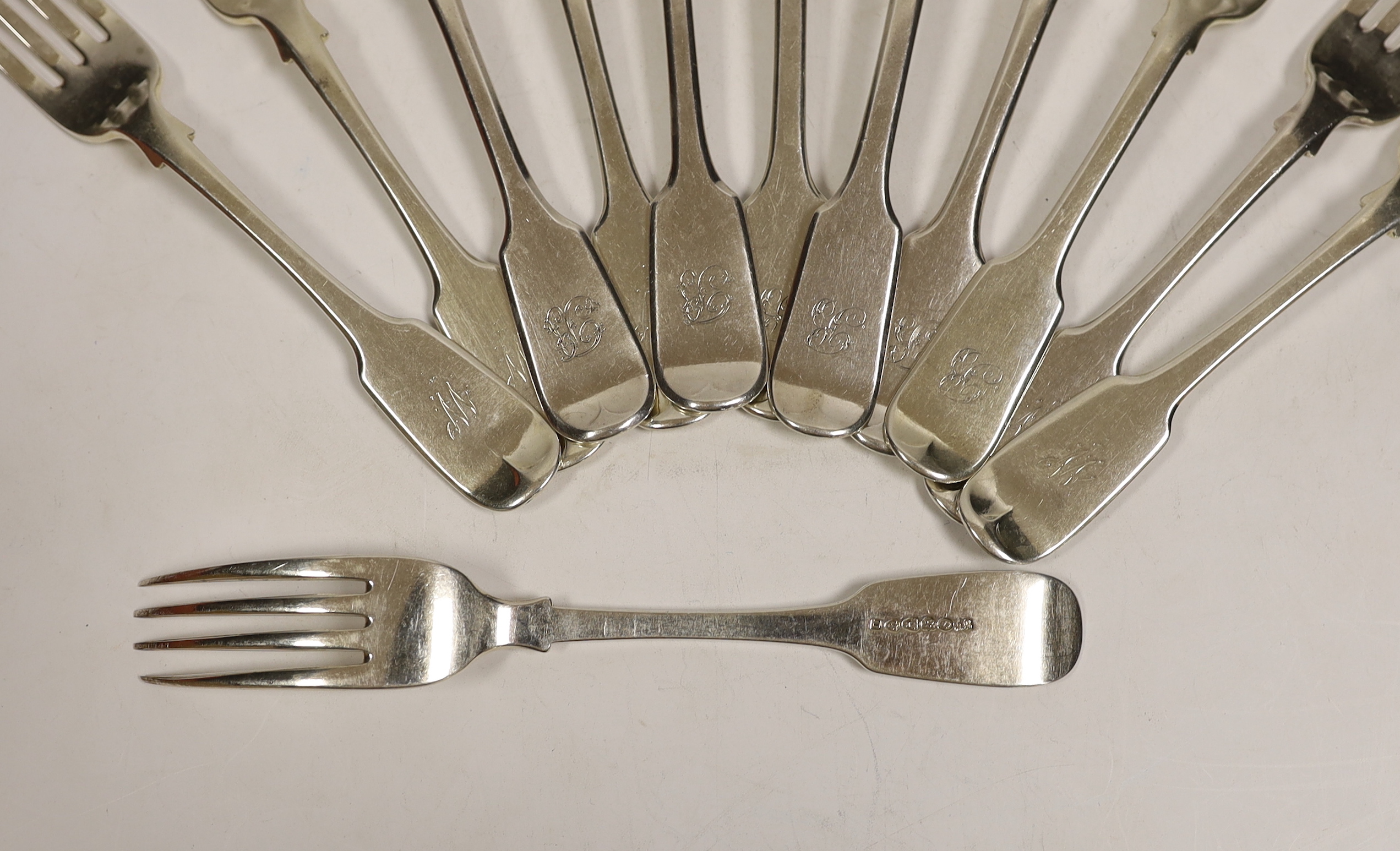 A set of six Victorian silver fiddle pattern table forks, Hayne & Cater, London, 1845, 20.1 and a - Image 2 of 3