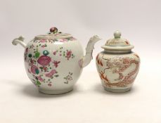 An 18th century Chinese famille rose teapot (a.f) and a ‘dragon’ jar and cover, tallest 14cm