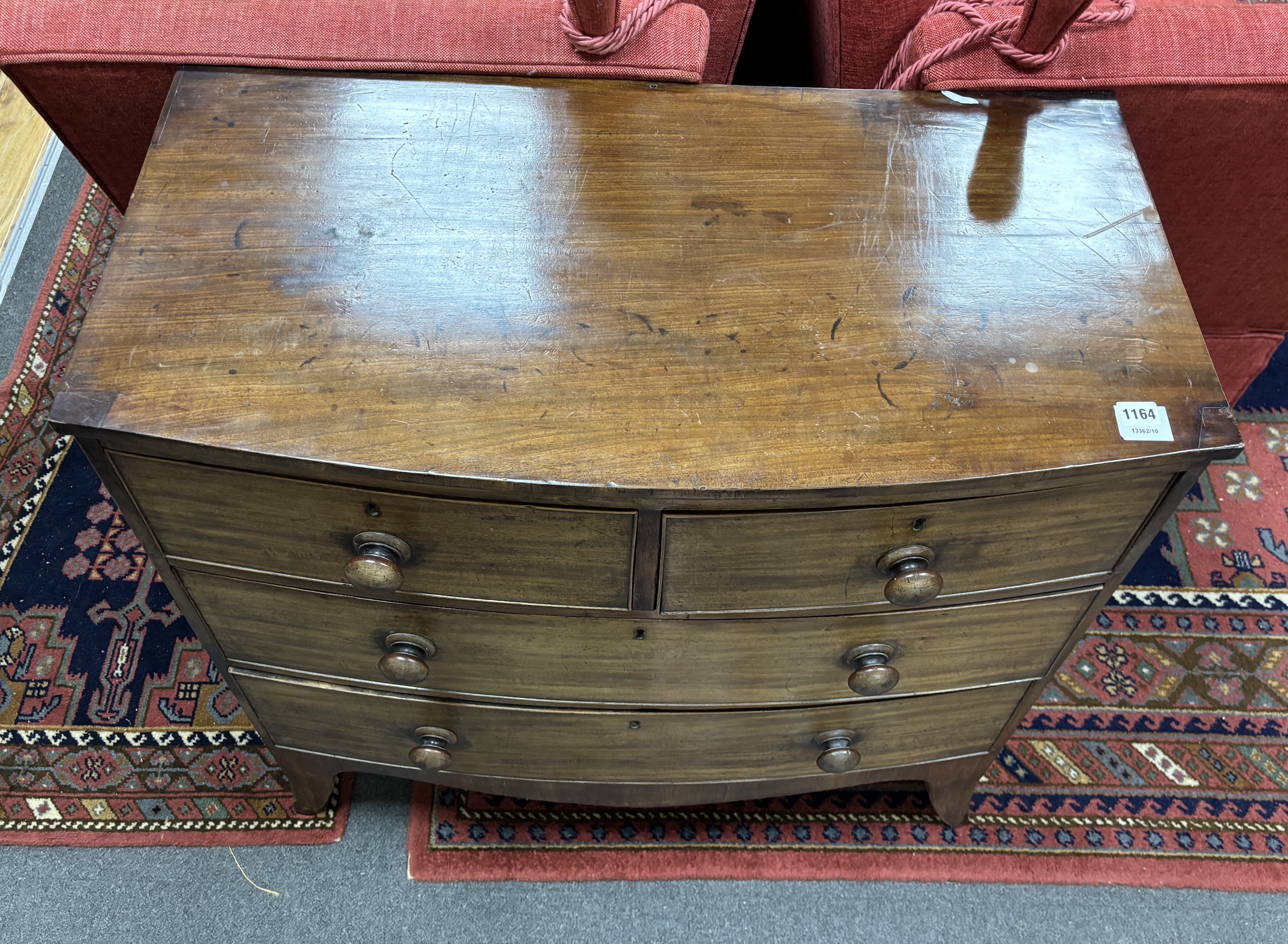 A Regency mahogany bowfront four drawer chest, width 91cm, depth 47cm, height 87cm - Image 2 of 2