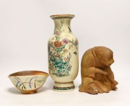 Japanese ceramics comprising vase, bowl and figure of a seated monkey, 28cm high