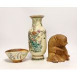 Japanese ceramics comprising vase, bowl and figure of a seated monkey, 28cm high