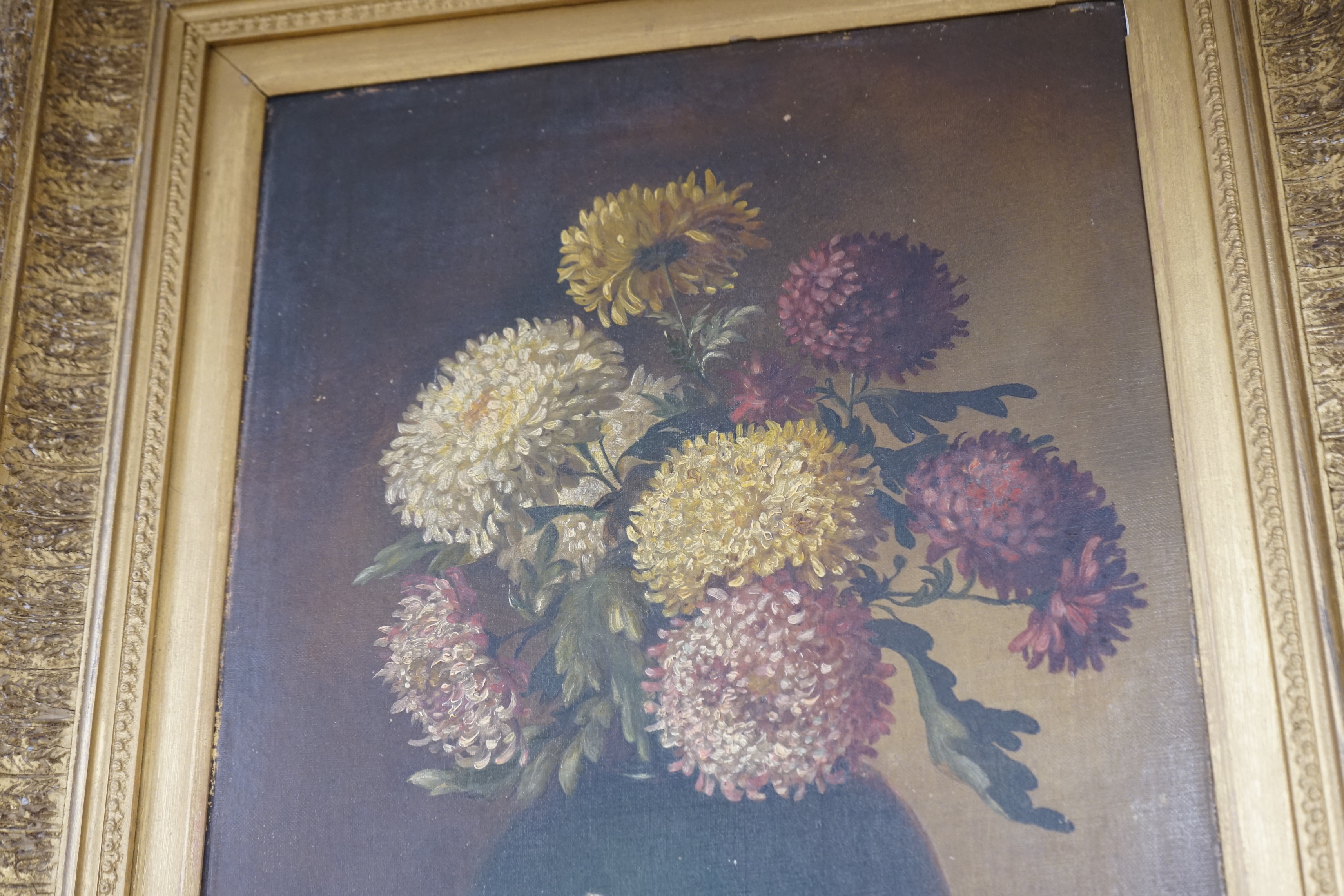 19th century oil on canvas, Still life of chrysanthemums in a vase, signed with monogram M.L, - Image 4 of 4