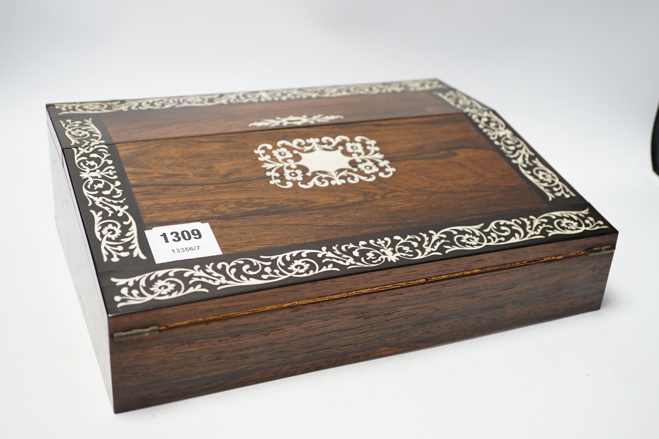 An early Victorian fret cut ivory inlaid rosewood writing slope with tooled leather slope, 35cm wide - Image 4 of 6