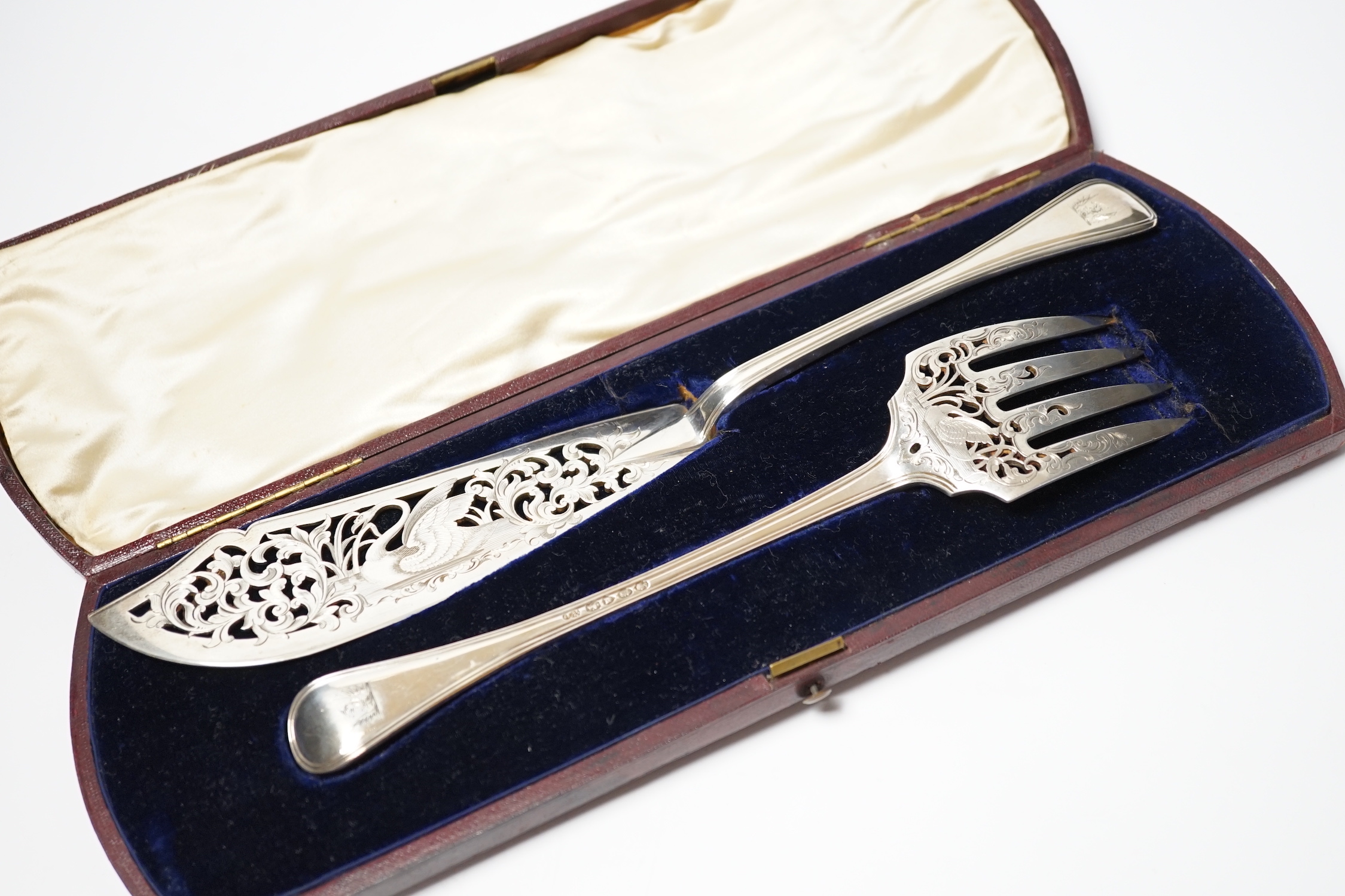 A cased pair of Victorian silver Old English thread pattern fish servers, by George Adams, London,