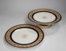 A Victorian bone china dessert service comprising eleven plates and four pedestal dishes, 23cm in