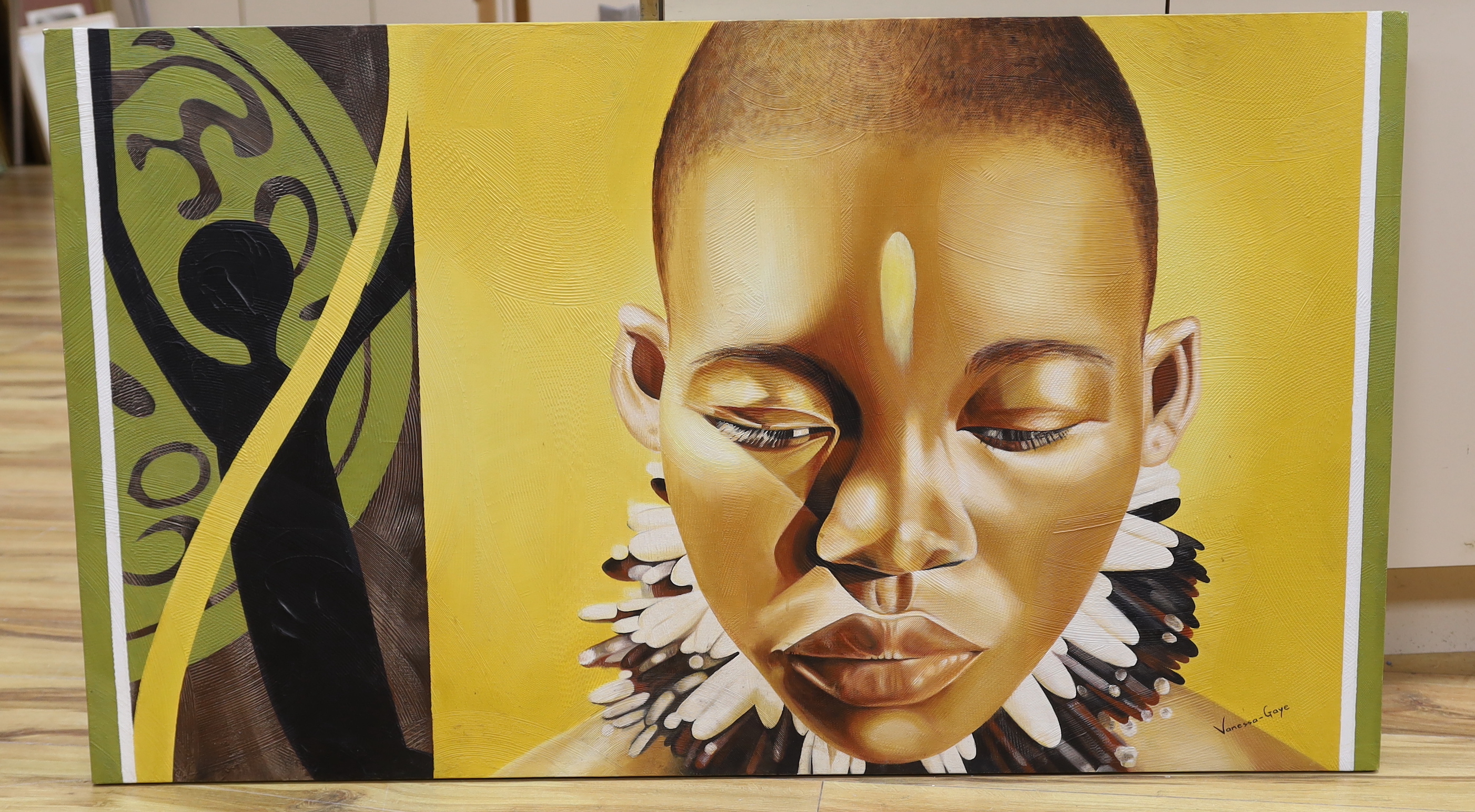 Vanessa Gaye (South African, 20th. C), oil on canvas, Stylised portrait of an African woman, signed, - Image 2 of 4