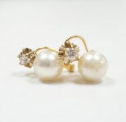 A pair of yellow metal, cultured pearl and simulated diamond set two stone earrings, 15mm, gross