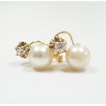 A pair of yellow metal, cultured pearl and simulated diamond set two stone earrings, 15mm, gross