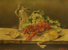 J.J. Dodgson, oil on canvas, Still life of lobsters and vessels, signed and dated 1910, ornate