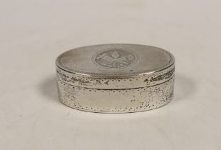 An early 19th century French engraved 800 standard white metal oval snuff box/vesta case, 69mm.