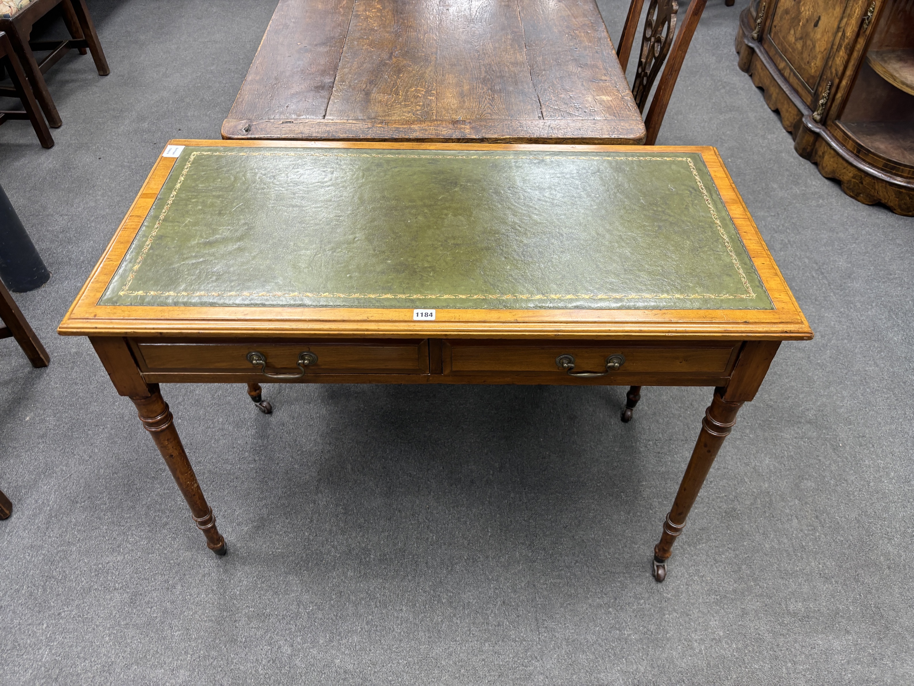 A Victorian satin walnut two drawer writing table, width 106cm, depth 53cm, height 75cm - Image 2 of 2