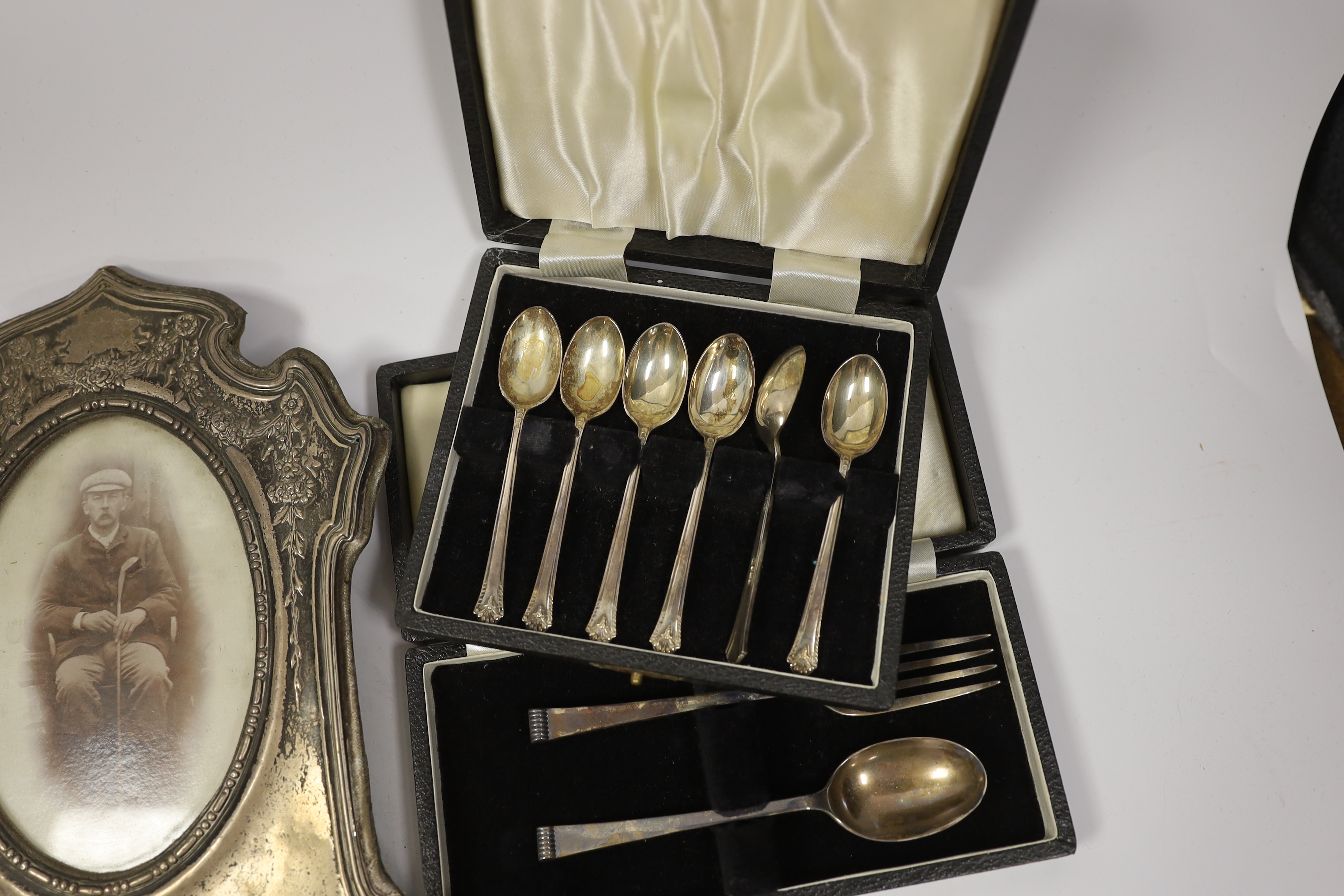 Miscellaneous items including three cased sets of silver flatware including enamelled teaspoons, - Image 3 of 4